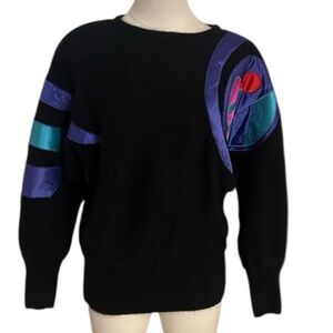 Vintage Silk Angora Wool Colorful Sweater Soft Fuzzy I.B. DIFFUSION M Black Blue